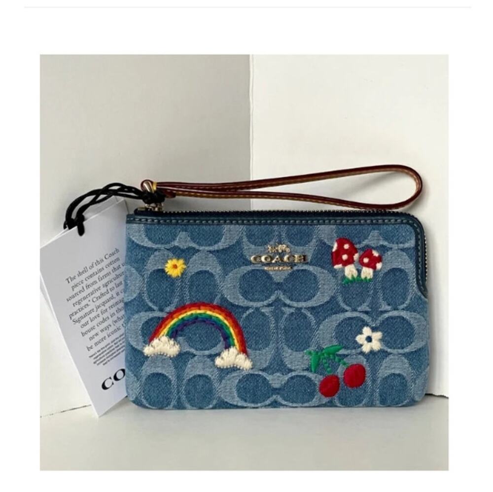 Coach Rainbow Floral Signature Denim Corner Zip Wristlet